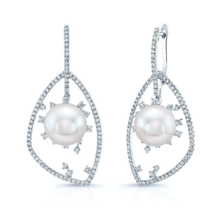 Pearl And Diamond Starburst With Geometric Frame Earrings in 14K White Gold | RockHer