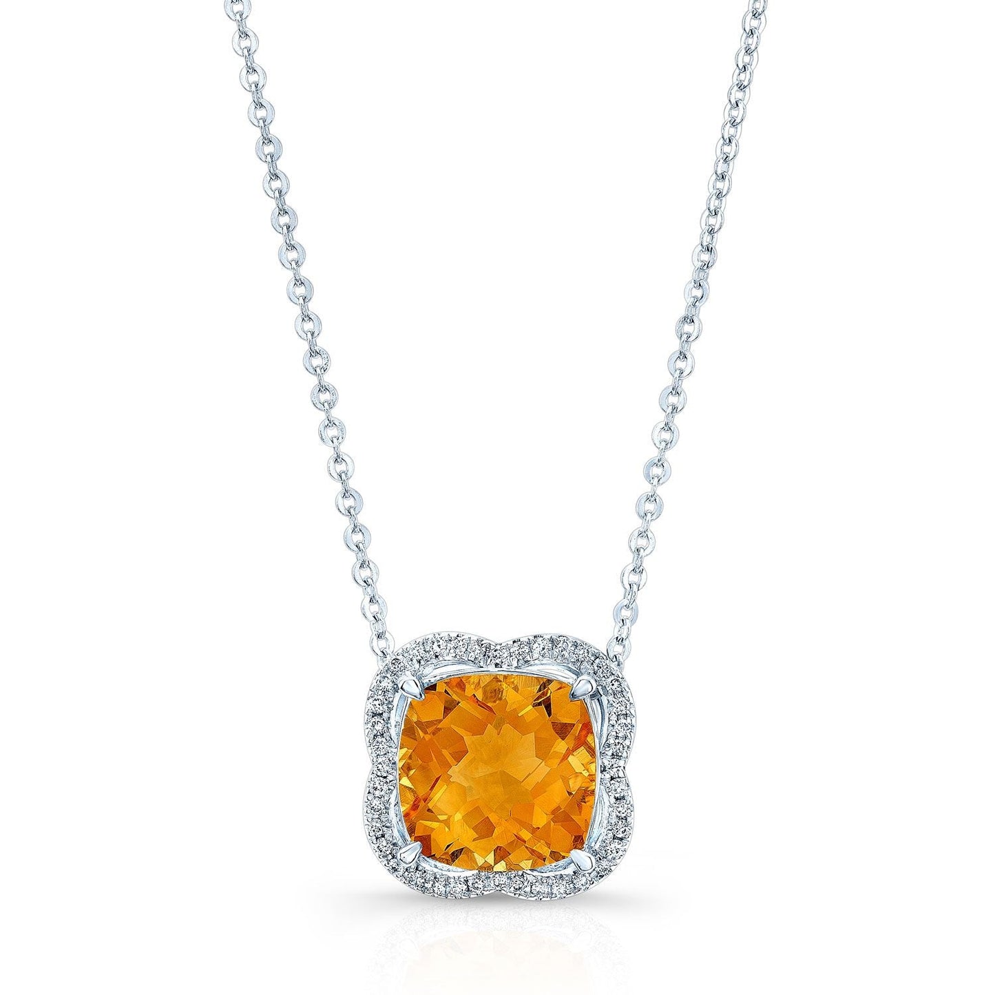 สร้อยคอกรอบลายคลื่นประดับซิทรินและเพชรในทองคำขาว 14 กะรัต (โซ่โรโล่ 18 นิ้ว)