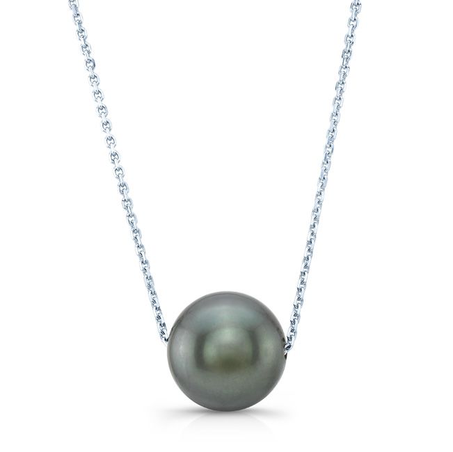 Black South Sea Pearl Floating Necklace in 14K White Gold – front view | RockHer