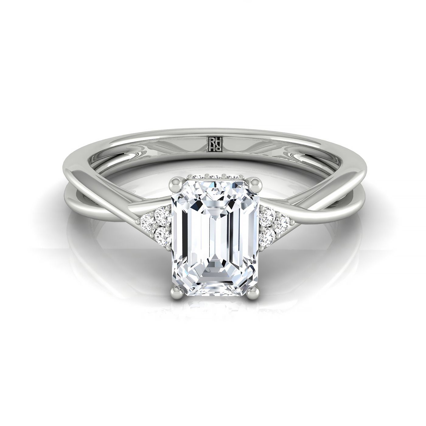 18kw Fancy Emerald Twisted Shank Double Hidden Halo Engagement Ring With 35 Prong Set Round Diamonds Sz 7.5