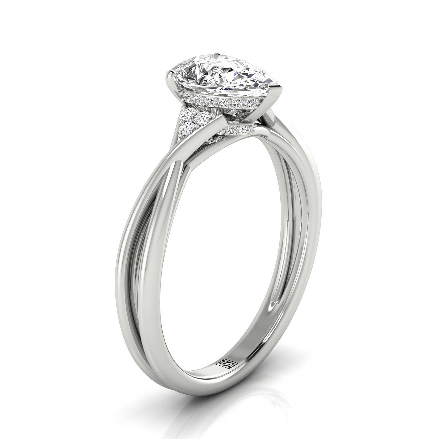 18kw Fancy Pear Twisted Shank Double Hidden Halo Engagement Ring With 38 Prong Set Round Diamonds Sz 7.5