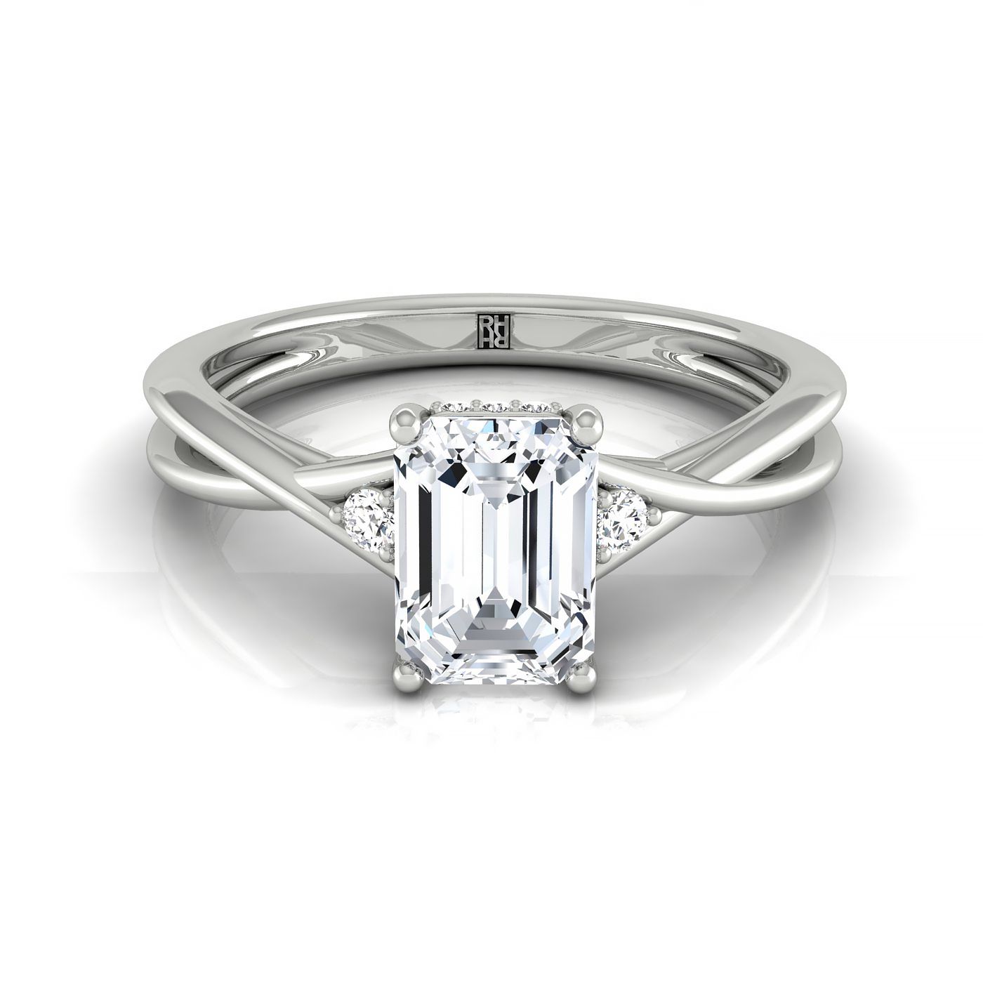 18kw Emerald Twisted Shank Single Hidden Halo Engagement Ring With 18 Prong Set Round Diamonds Sz 7.5