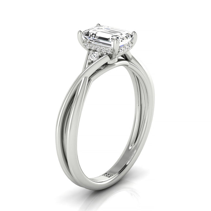 14kw Emerald Twisted Shank Single Hidden Halo Engagement Ring With 18 Prong Set Round Diamonds Sz 7.5