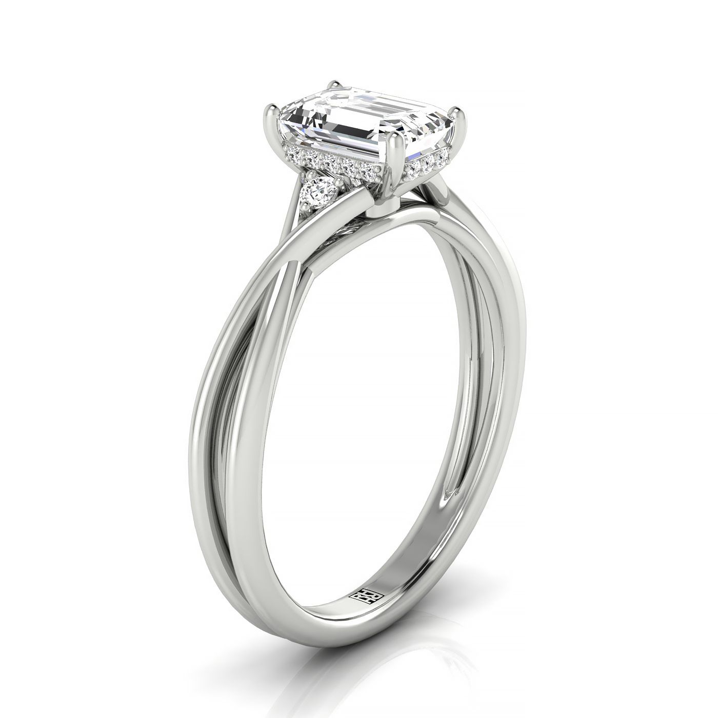 Plat Emerald Twisted Shank Single Hidden Halo Engagement Ring With 18 Prong Set Round Diamonds Sz 7.5