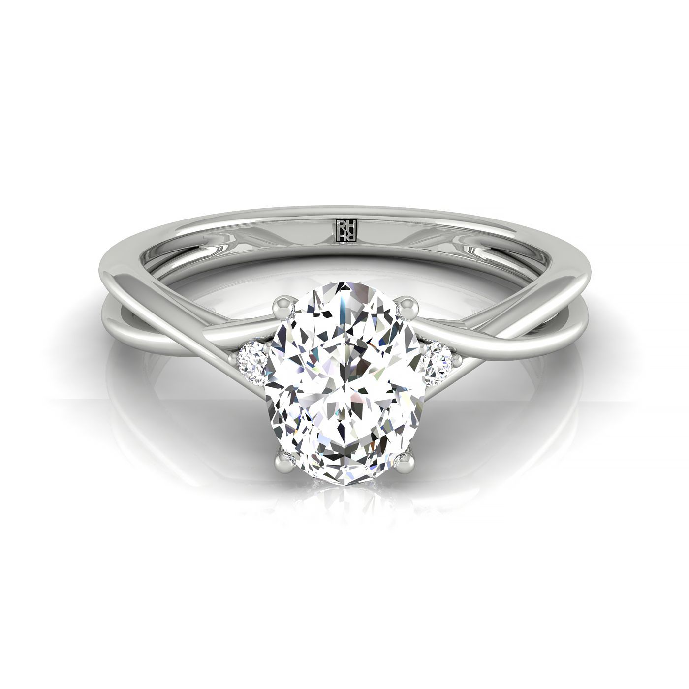 14kw Oval Twisted Shank Single Hidden Halo Engagement Ring With 18 Prong Set Round Diamonds Sz 7.5