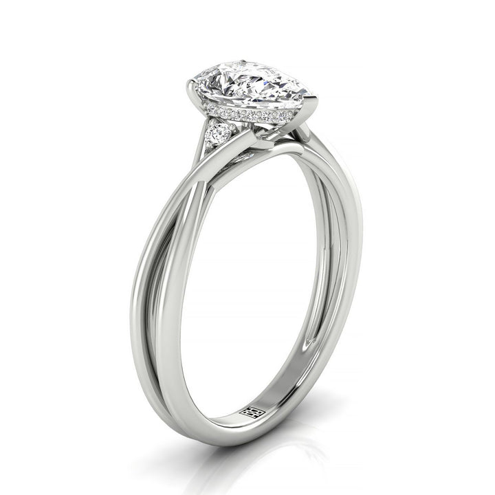 18kw Pear Twisted Shank Single Hidden Halo Engagement Ring With 19 Prong Set Round Diamonds Sz 7.5