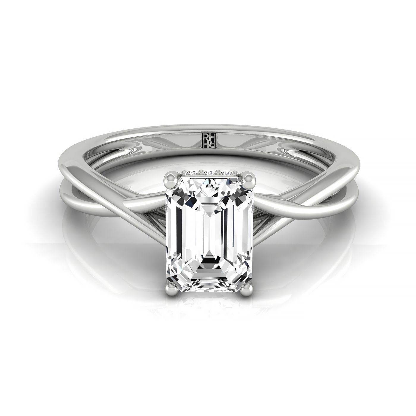 Plat Emerald Twisted Shank Hidden Halo Solitaire Engagement Ring With 16 Prong Set Round Diamonds Sz 7.5