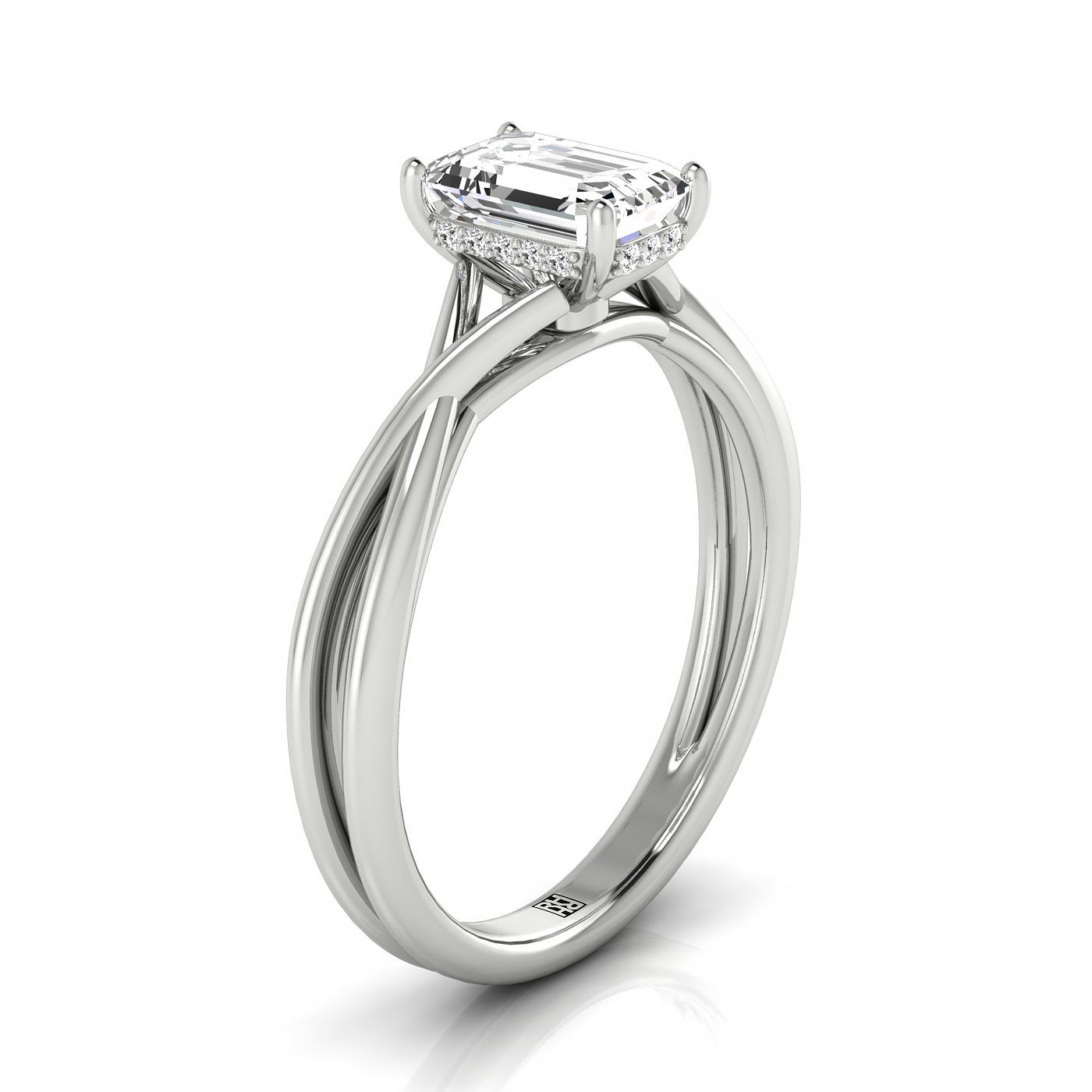 18kw Emerald Twisted Shank Hidden Halo Solitaire Engagement Ring With 16 Prong Set Round Diamonds Sz 7.5