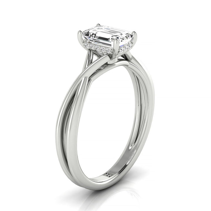 14kw Emerald Twisted Shank Hidden Halo Solitaire Engagement Ring With 16 Prong Set Round Diamonds Sz 7.5