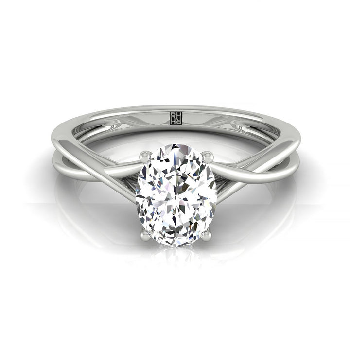 Twisted Shank Hidden Halo Solitaire Oval, in 18K White Gold – front view | RockHer