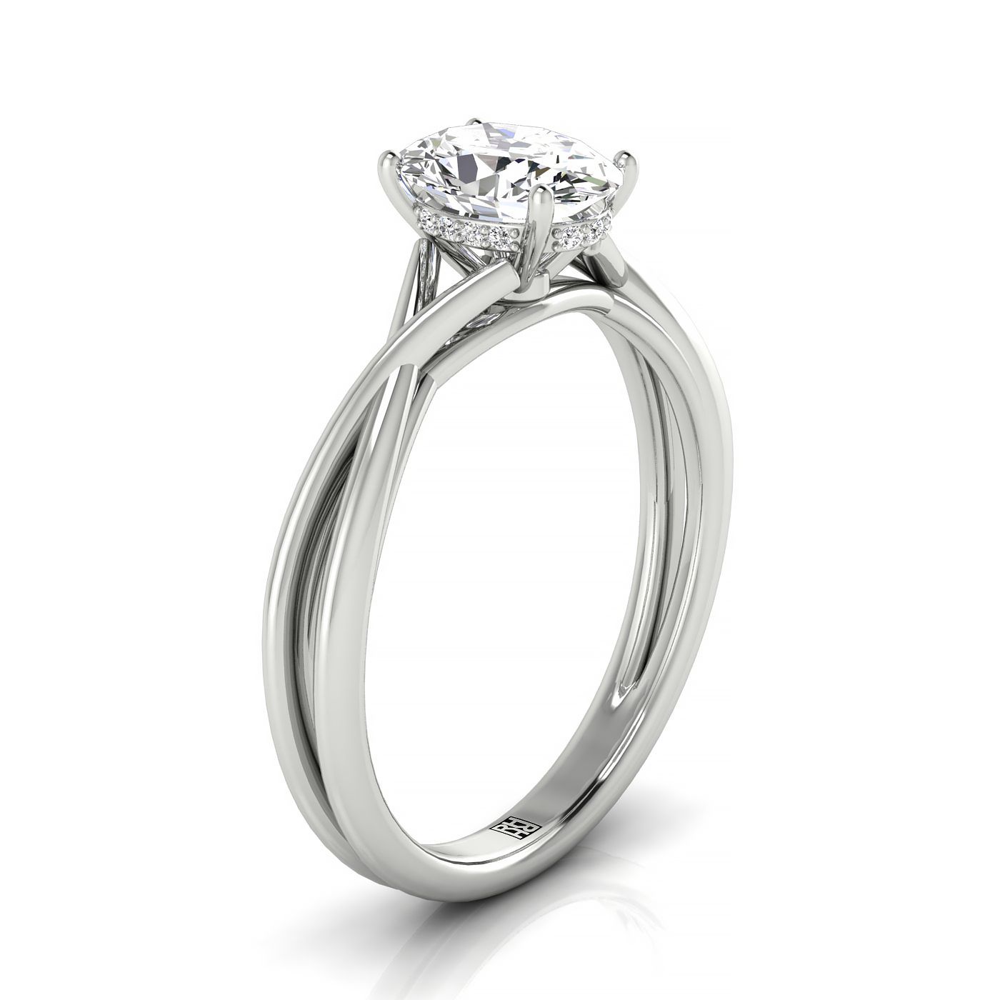 14kw Oval Twisted Shank Hidden Halo Solitaire Engagement Ring With 16 Prong Set Round Diamonds Sz 7.5