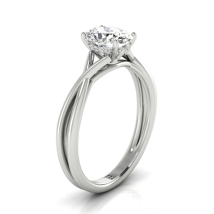 18kw Oval Twisted Shank Hidden Halo Solitaire Engagement Ring With 14 Prong Set Round Diamonds Sz 7.5