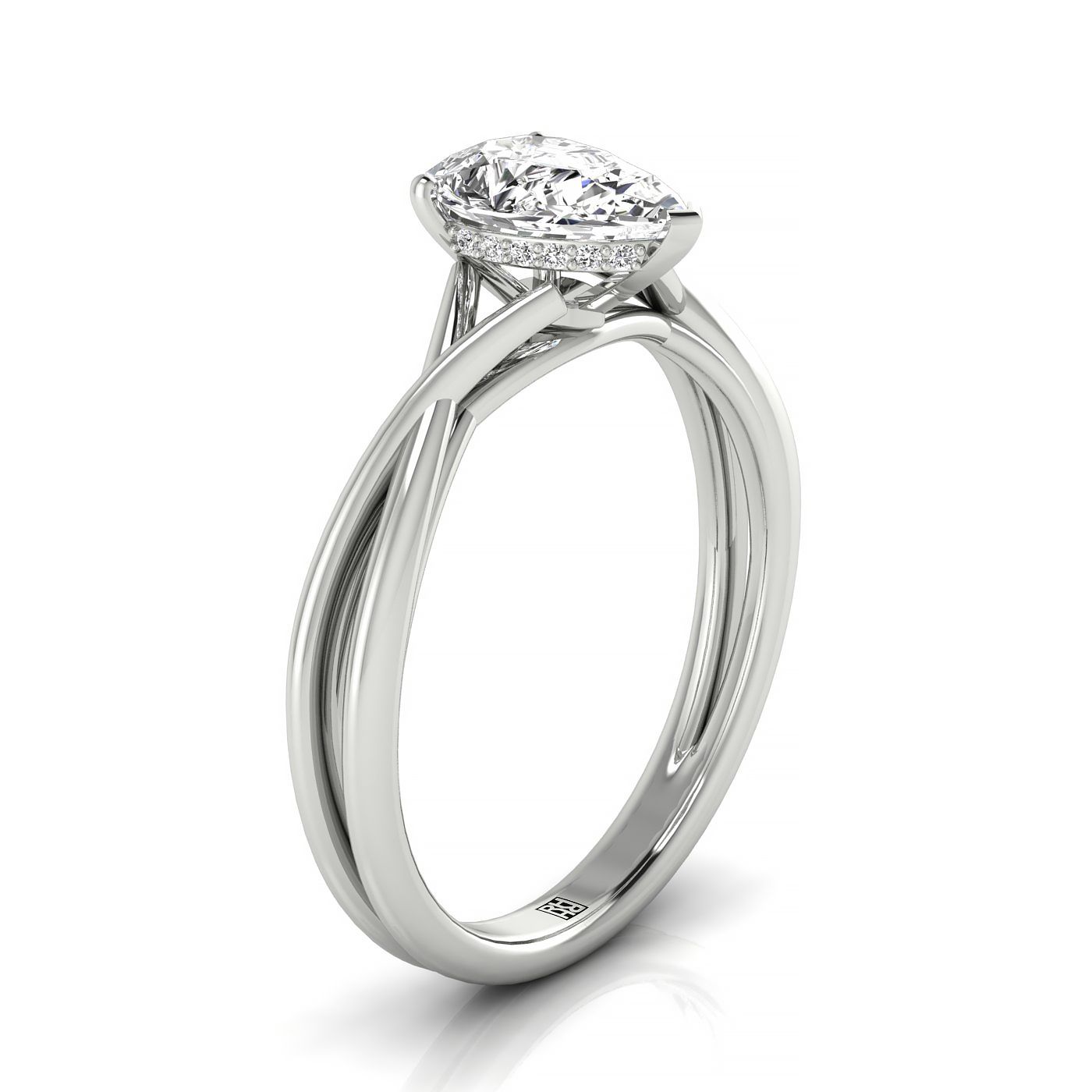 14kw Pear Twisted Shank Hidden Halo Solitaire Engagement Ring With 17 Prong Set Round Diamonds Sz 7.5
