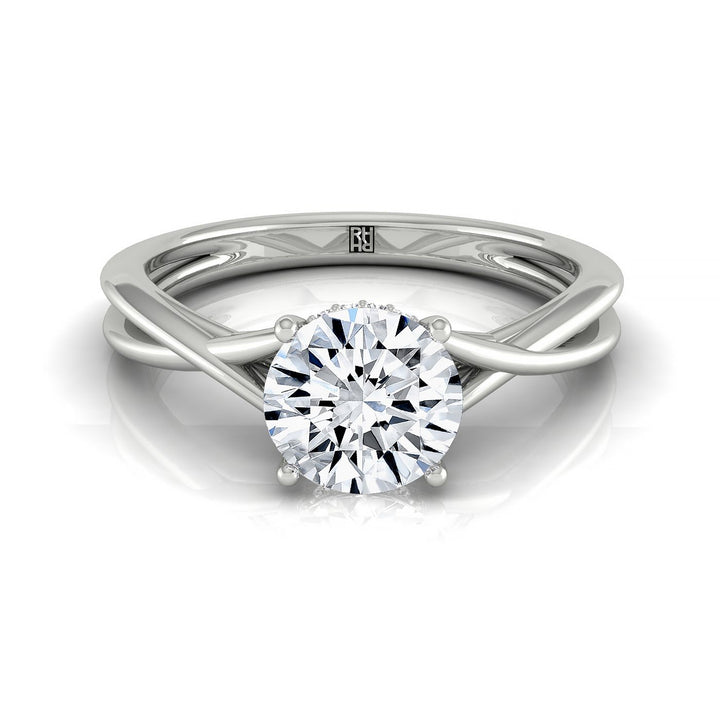 Round Brilliant, Twisted Shank Hidden Halo Solitaire, in 18K White Gold – front view | RockHer