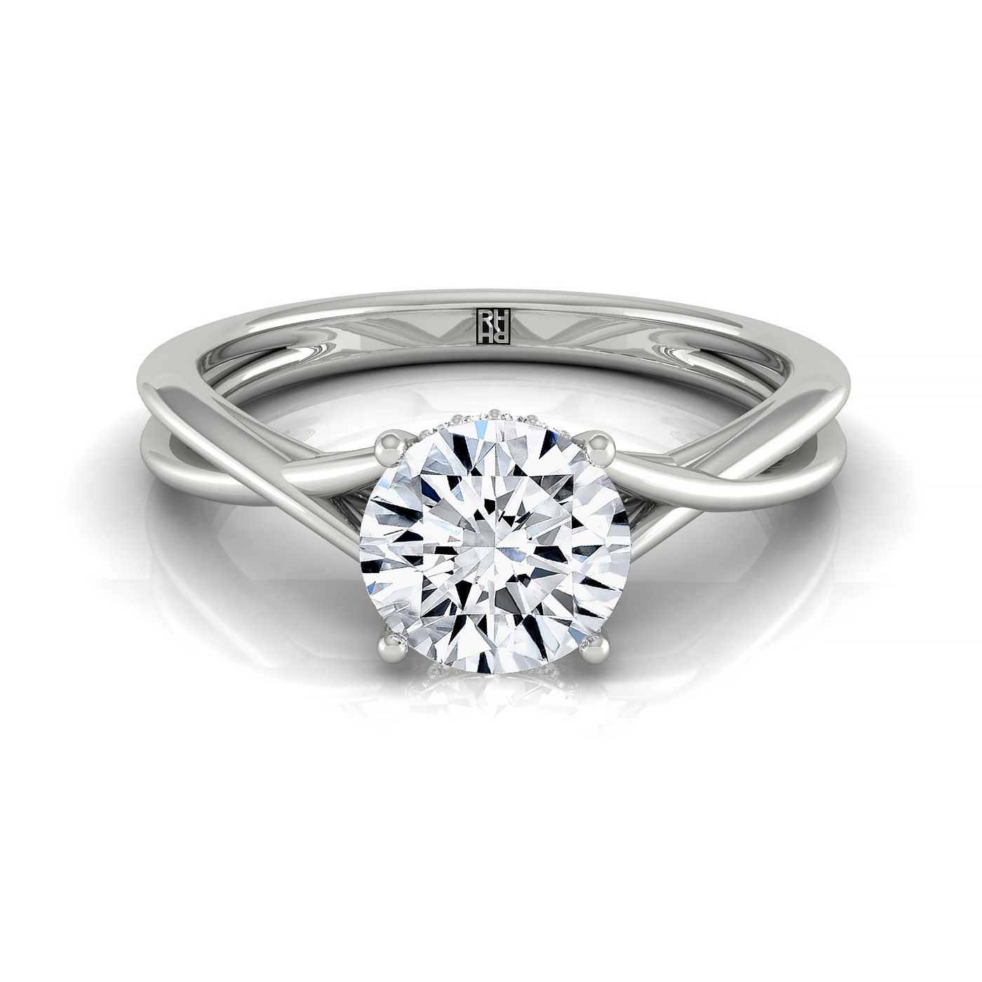 Plat Round Twisted Shank Hidden Halo Solitaire Engagement Ring With 16 Prong Set Round Diamonds
