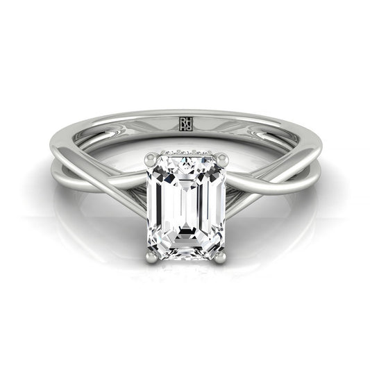 14kw Emerald Twisted Shank Double Hidden Halo Solitaire Engagement Ring With 30 Prong Set Round Diamonds