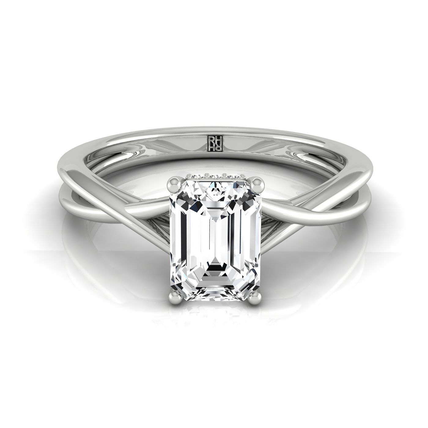 Plat Emerald Twisted Shank Double Hidden Halo Solitaire Engagement Ring With 30 Prong Set Round Diamonds