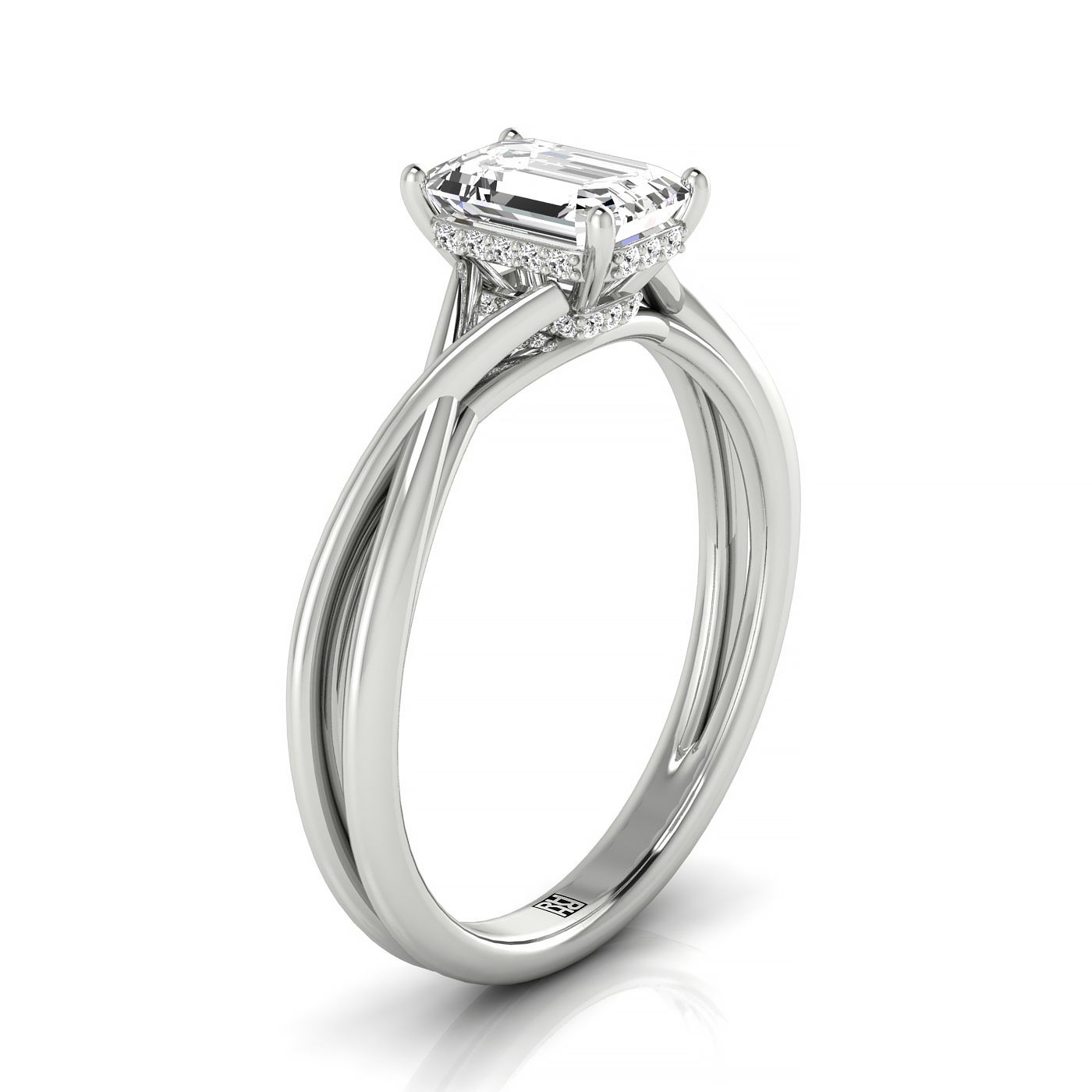 Plat Emerald Twisted Shank Double Hidden Halo Solitaire Engagement Ring With 30 Prong Set Round Diamonds