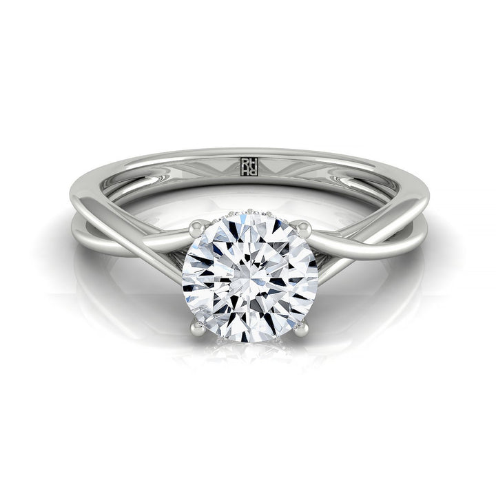 Round Brilliant, Twisted Shank Double Hidden Halo Solitaire Round, in 18K White Gold – front view | RockHer