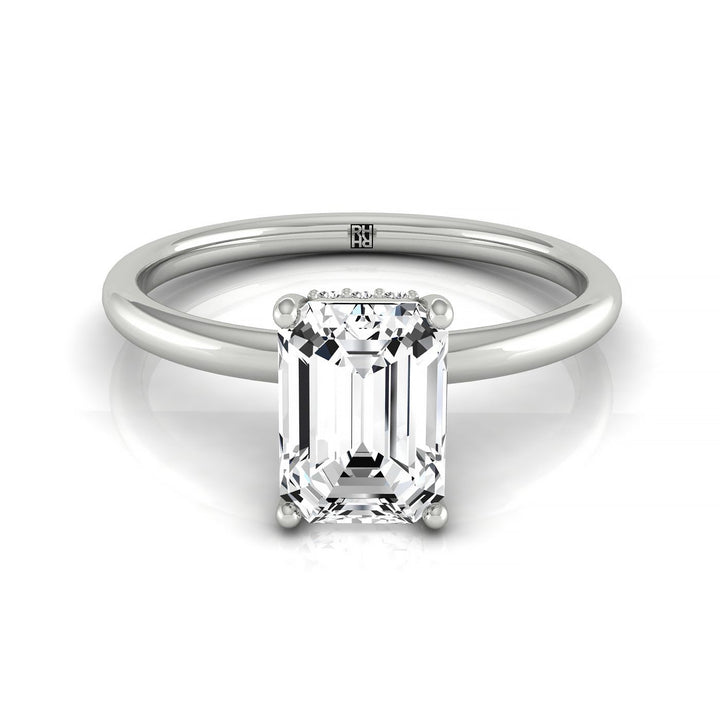 Emerald Cut, Double Hidden Halo Solitaire Emerald, in 18K White Gold – front view | RockHer