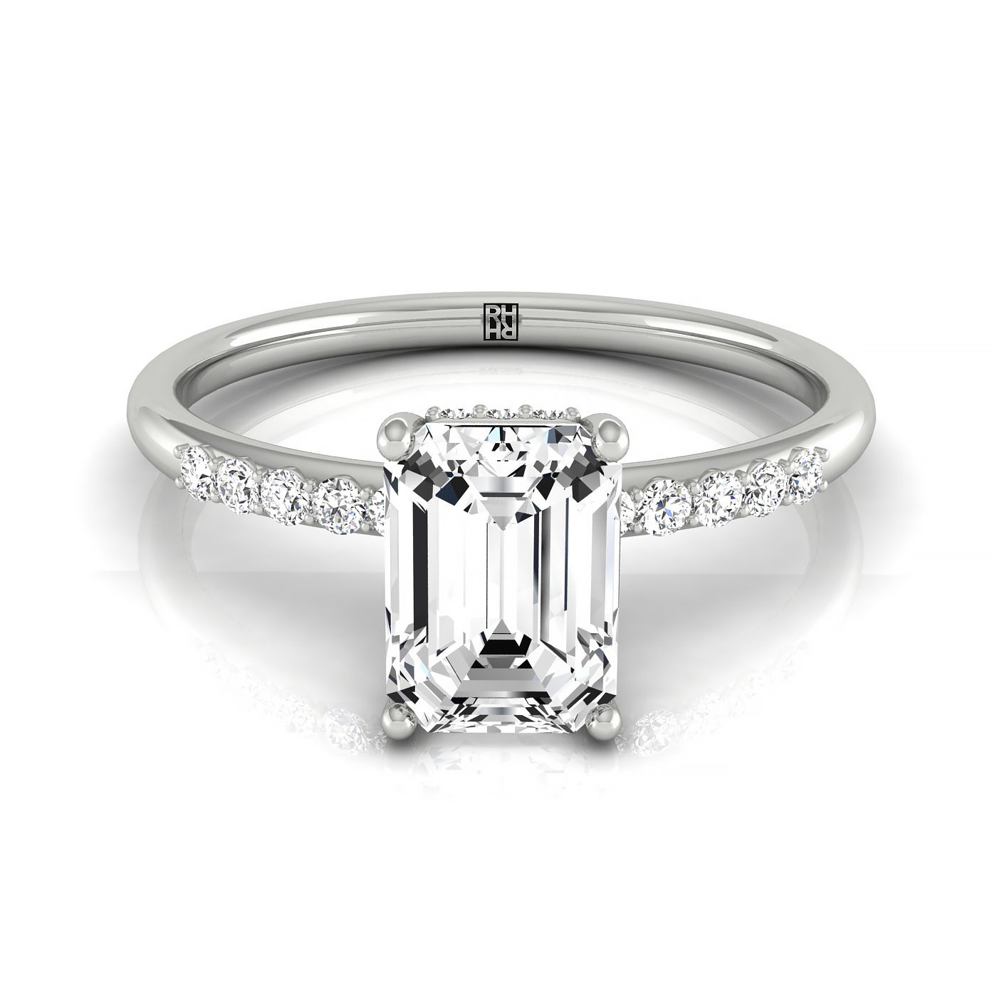 14k White Gold Emerald Double Hidden Halo Quarter Engagement Ring - 1/25ctw