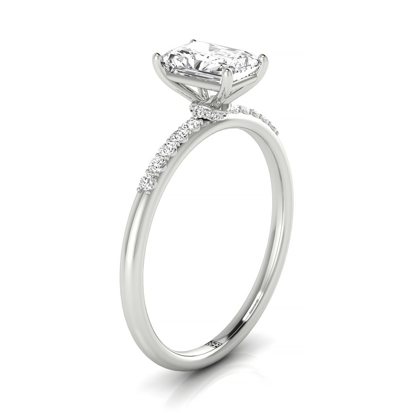 14kw Radiant Hidden Halo Quarter Shank Engagement Ring With 18 Prong Set Round Diamonds