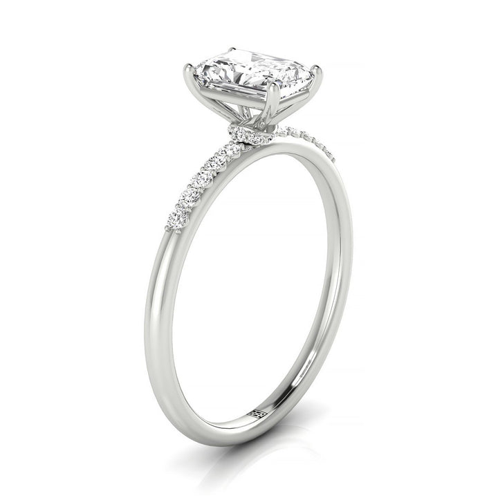 14kw Radiant Hidden Halo Quarter Shank Engagement Ring With 18 Prong Set Round Diamonds