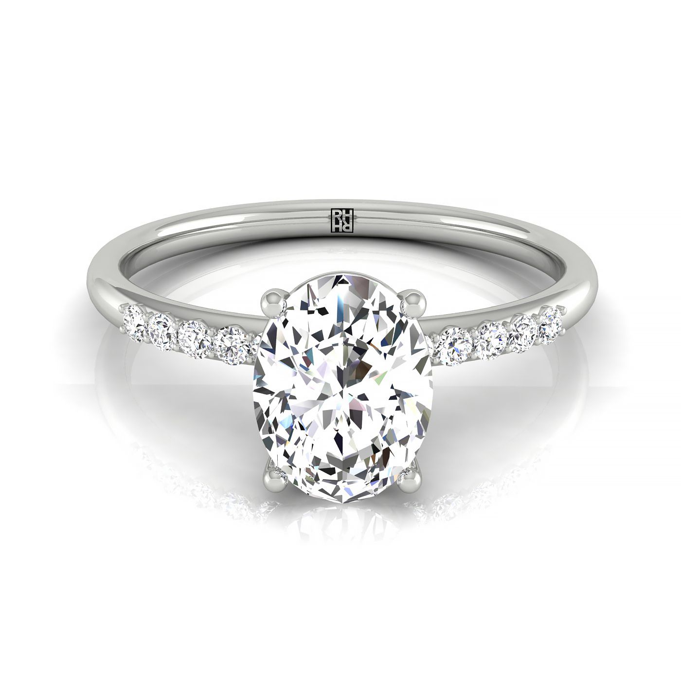 14kw Oval Hidden Halo Quarter Shank Engagement Ring With 18 Prong Set Round Diamonds