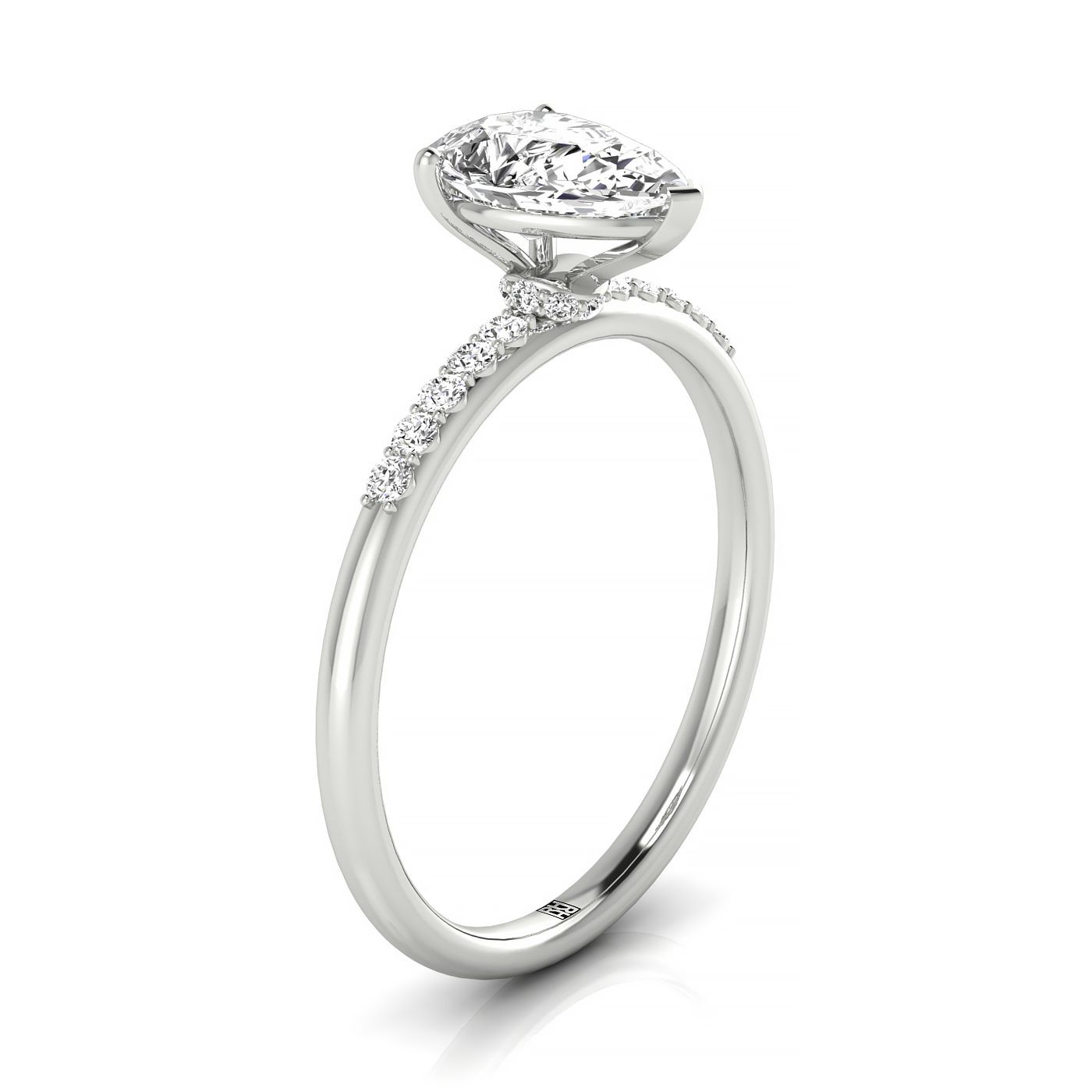 18kw Pear Hidden Halo Quarter Shank Engagement Ring With 18 Prong Set Round Diamonds