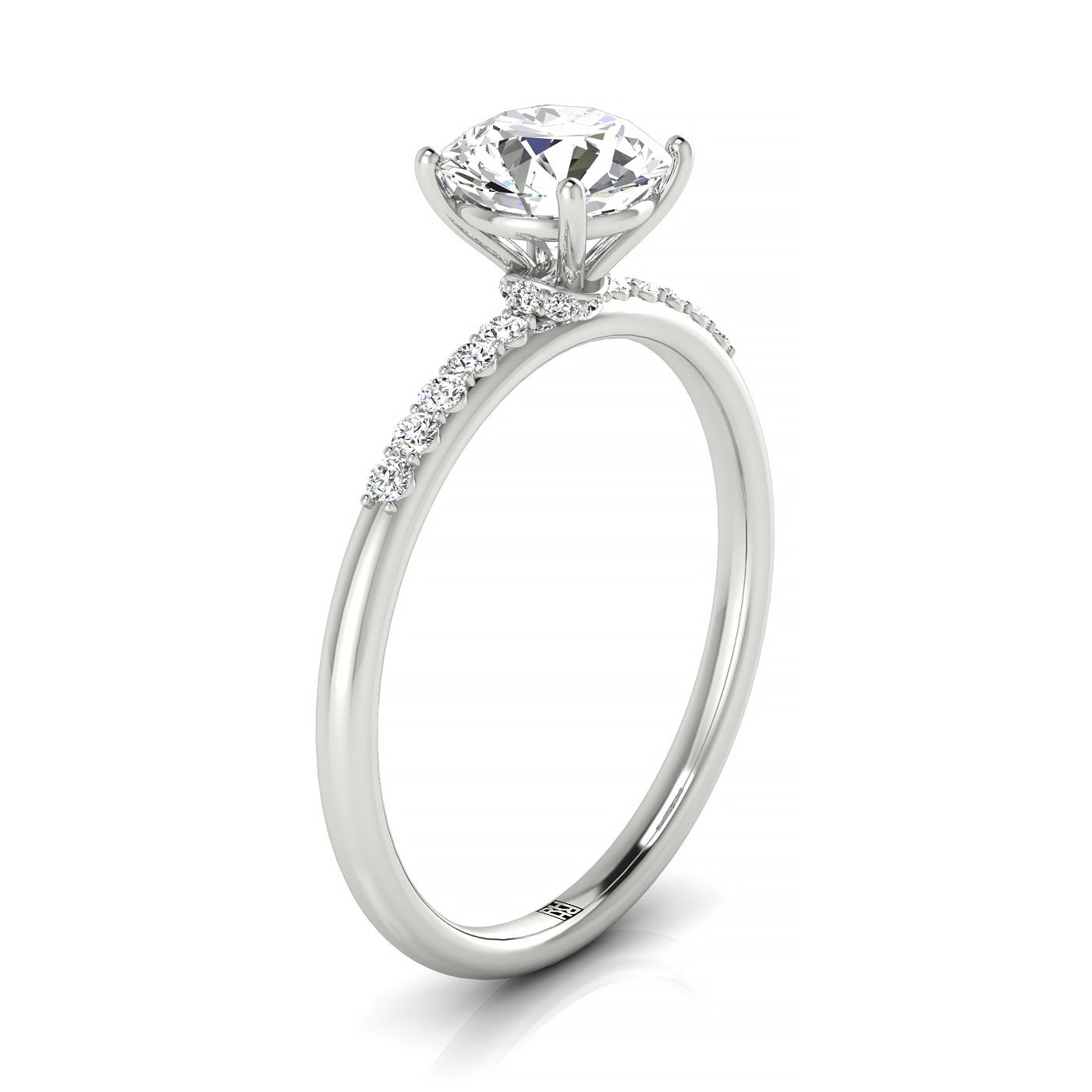 14kw Round Hidden Halo Quarter Shank Engagement Ring With 18 Prong Set Round Diamonds