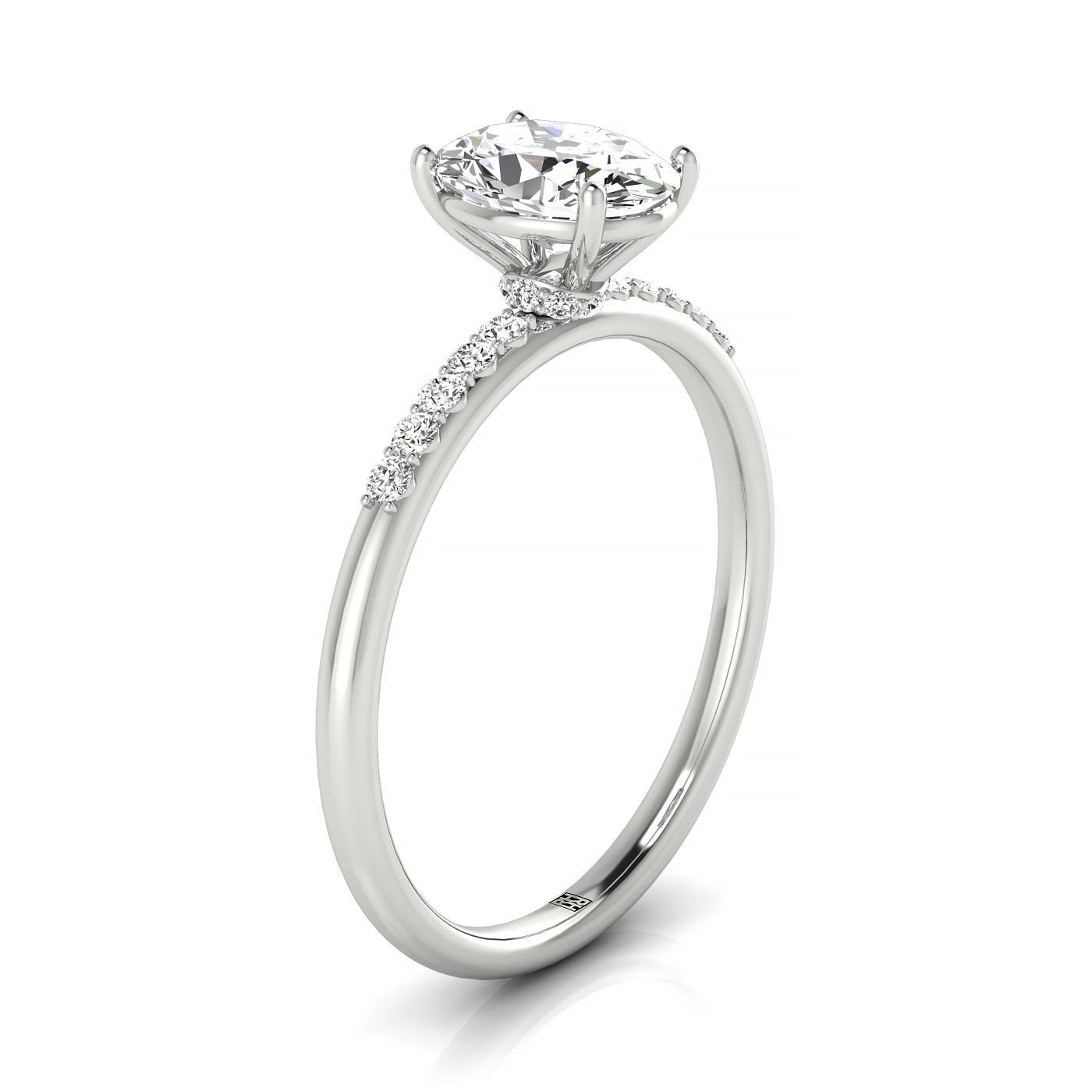 Plat Oval Hidden Halo Quarter Shank Engagement Ring With 18 Prong Set Round Diamonds