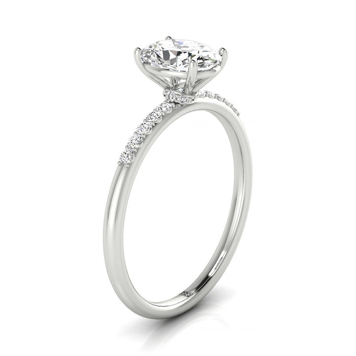 Plat Oval Hidden Halo Quarter Shank Engagement Ring With 18 Prong Set Round Diamonds