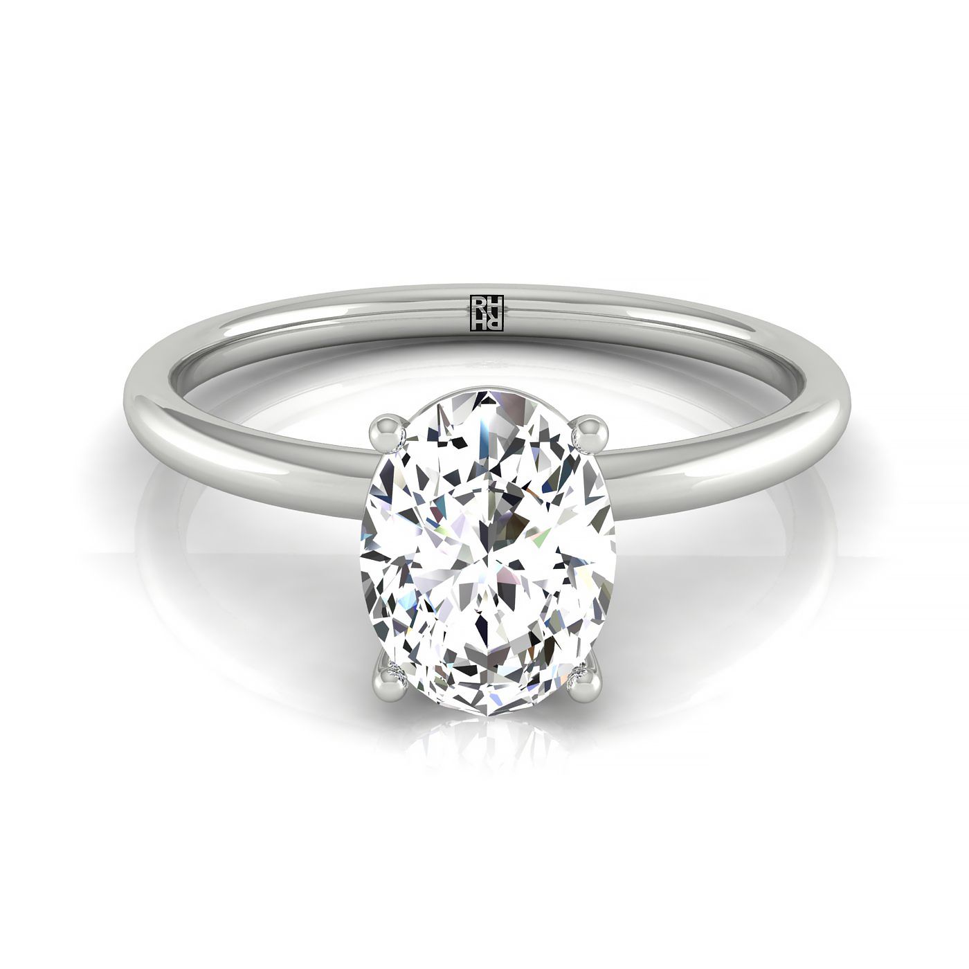 Plat Oval Solitaire Engagement Ring With Hidden Halo With 4 Prong Set Round Diamonds