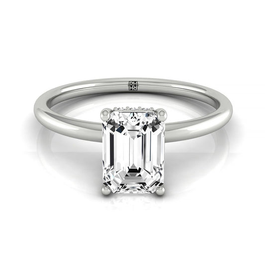 Plat Emerald Solitaire Engagement Ring With Upper Hidden Halo With 16 Prong Set Round Diamonds