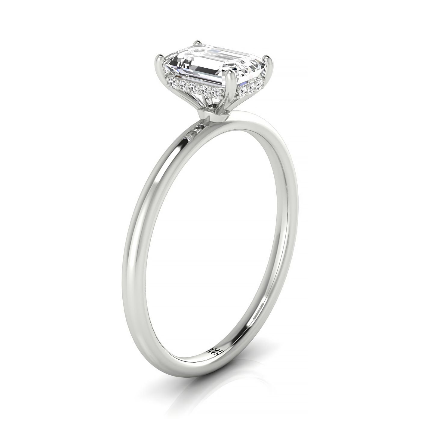 แหวนหมั้นมรกตเดี่ยว 14kw พร้อมฮาโลซ่อนด้านบนและเพชรรอบแบบตั้งด้วยกรง 16 กรง