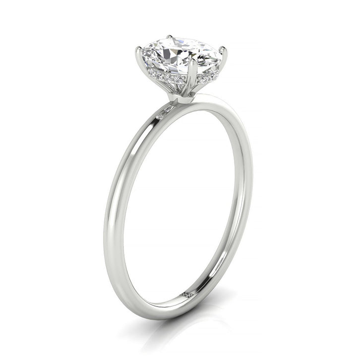 14kw Oval Solitaire Engagement Ring With Upper Hidden Halo With 16 Prong Set Round Diamonds