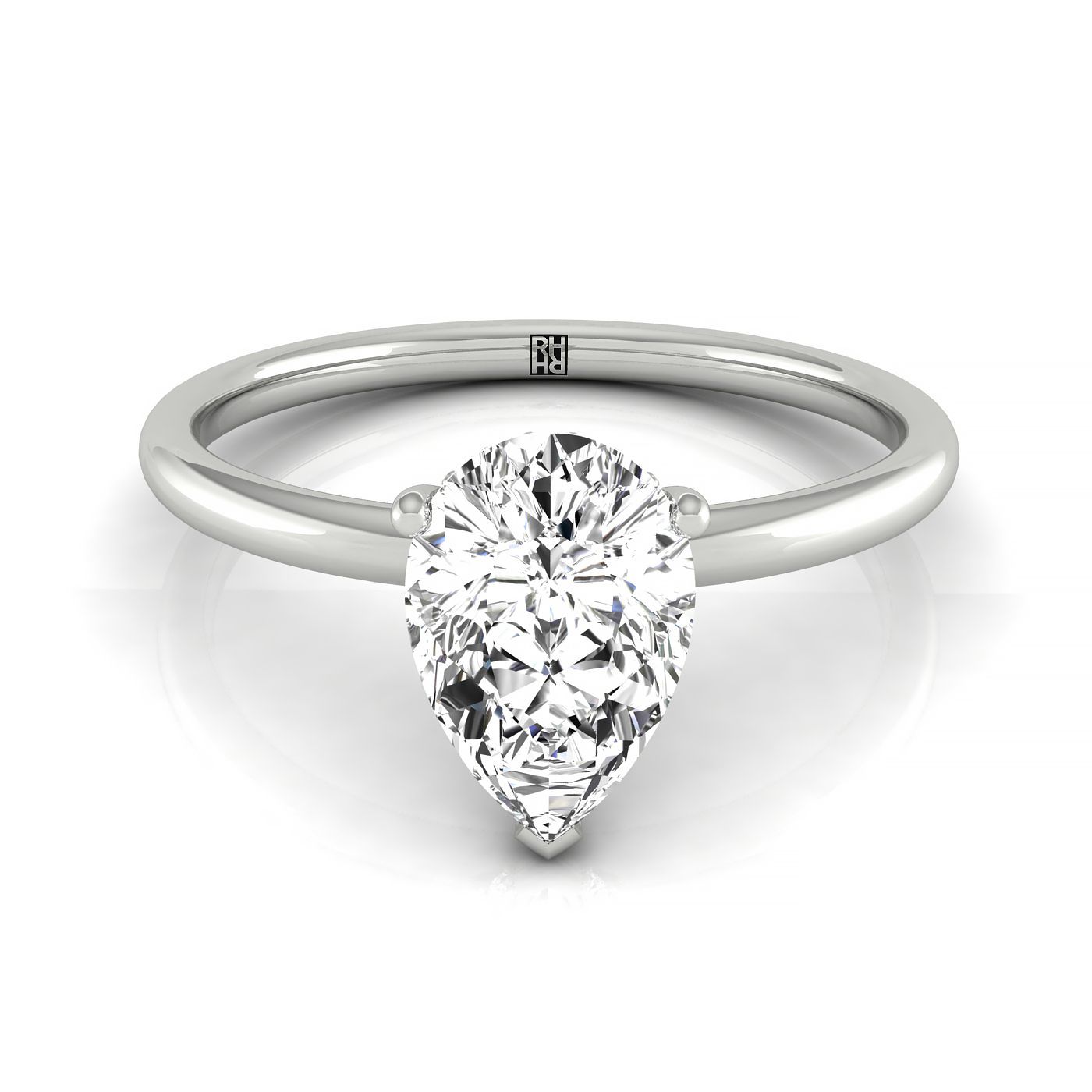18kw Pear Solitaire Engagement Ring With Upper Hidden Halo With 16 Prong Set Round Diamonds