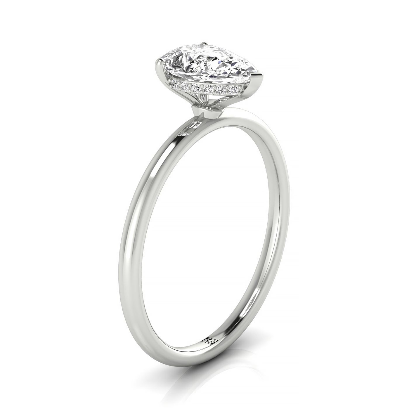 14kw Pear Solitaire Engagement Ring With Upper Hidden Halo With 16 Prong Set Round Diamonds