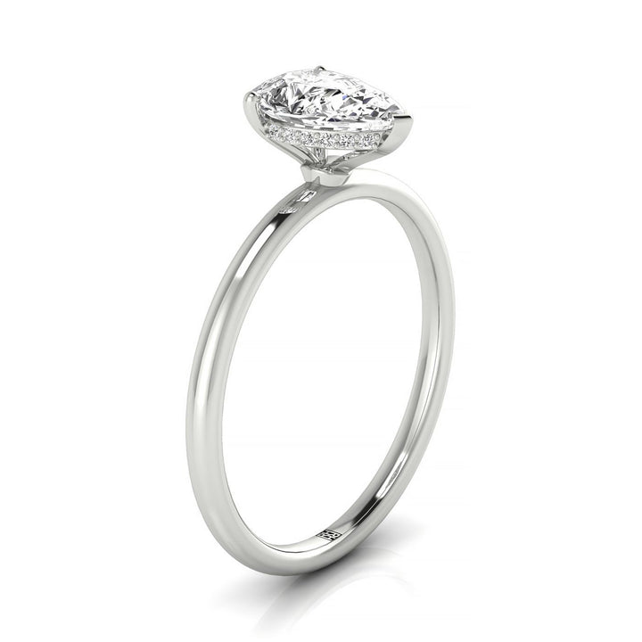 18kw Pear Solitaire Engagement Ring With Upper Hidden Halo With 16 Prong Set Round Diamonds