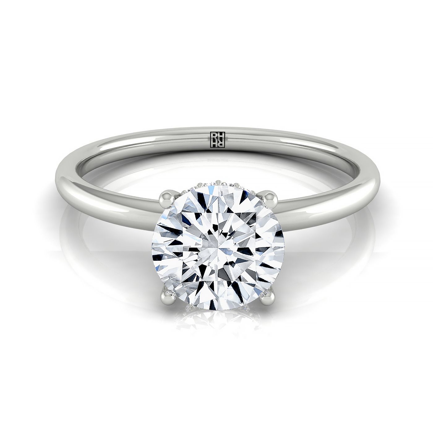 14kw Round Solitaire Engagement Ring With Upper Hidden Halo With 16 Prong Set Round Diamonds