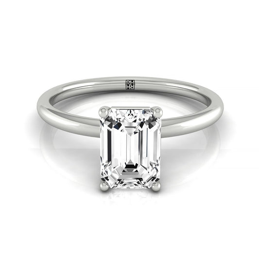 14kw Emerald Solitaire Engagement Ring With Lower Hidden Halo Curved With 8 Prong Set Round Diamonds