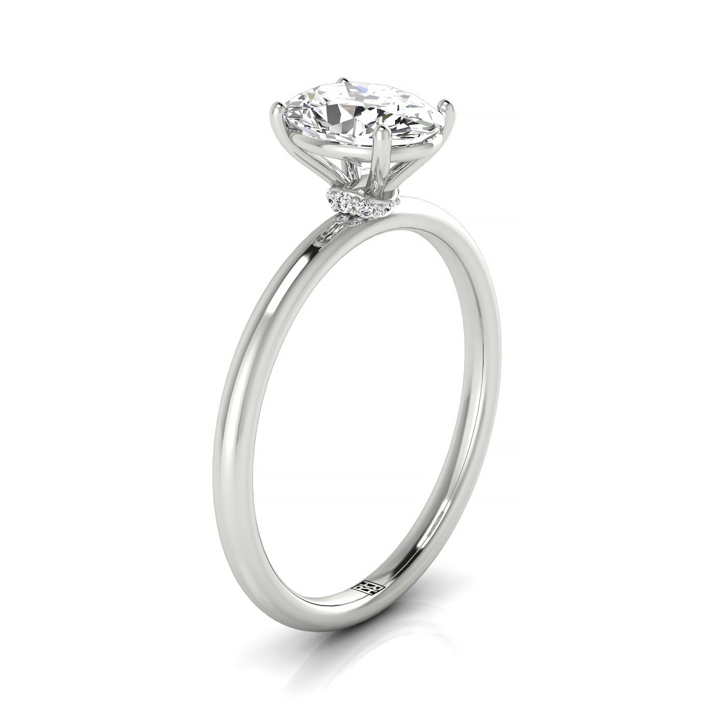 Plat Oval Solitaire Engagement Ring With Lower Hidden Halo Curved With 8 Prong Set Round Diamonds
