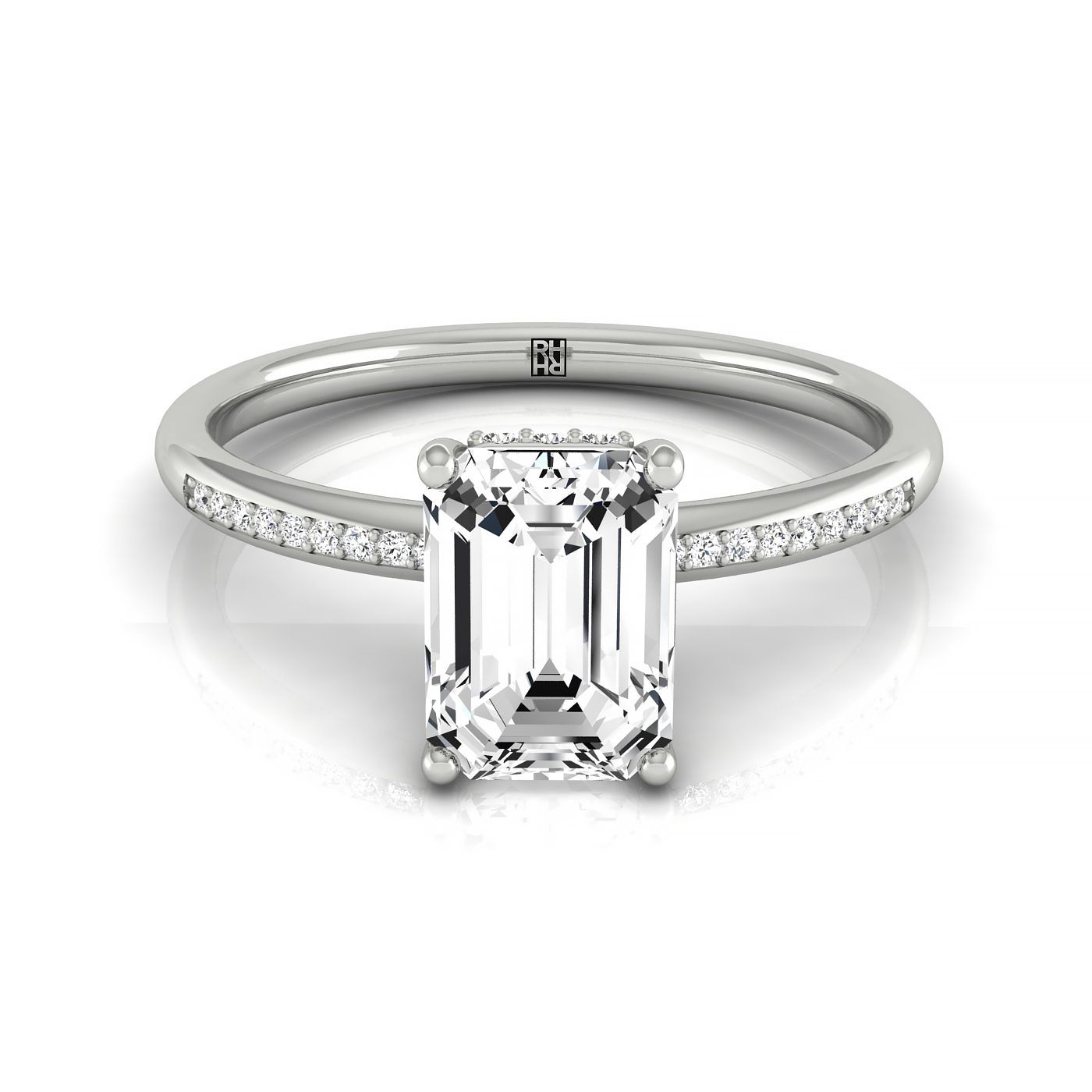 18kw Emerald Engagement Ring With High Hidden Halo With 34 Prong Set Round Diamonds