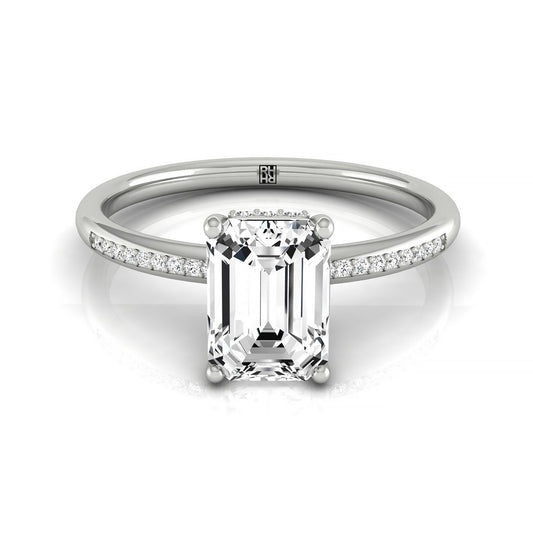 18kw Emerald Engagement Ring With High Hidden Halo With 34 Prong Set Round Diamonds