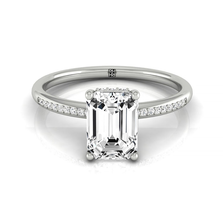 Emerald Cut, High Hidden Halo Solitaire Emerald, in 18K White Gold – front view | RockHer