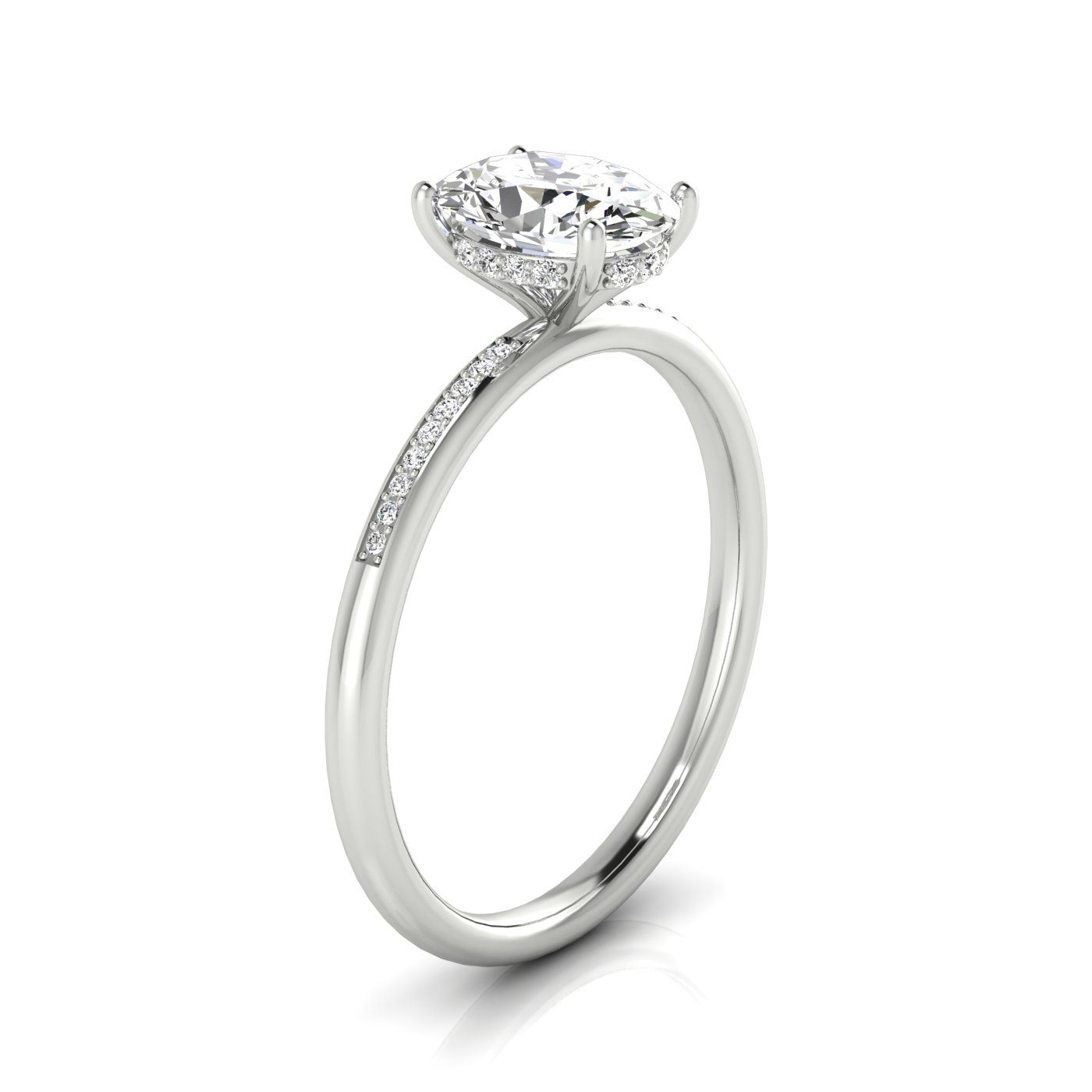 14kw Oval Engagement Ring With High Hidden Halo With 30 Prong Set Round Diamonds