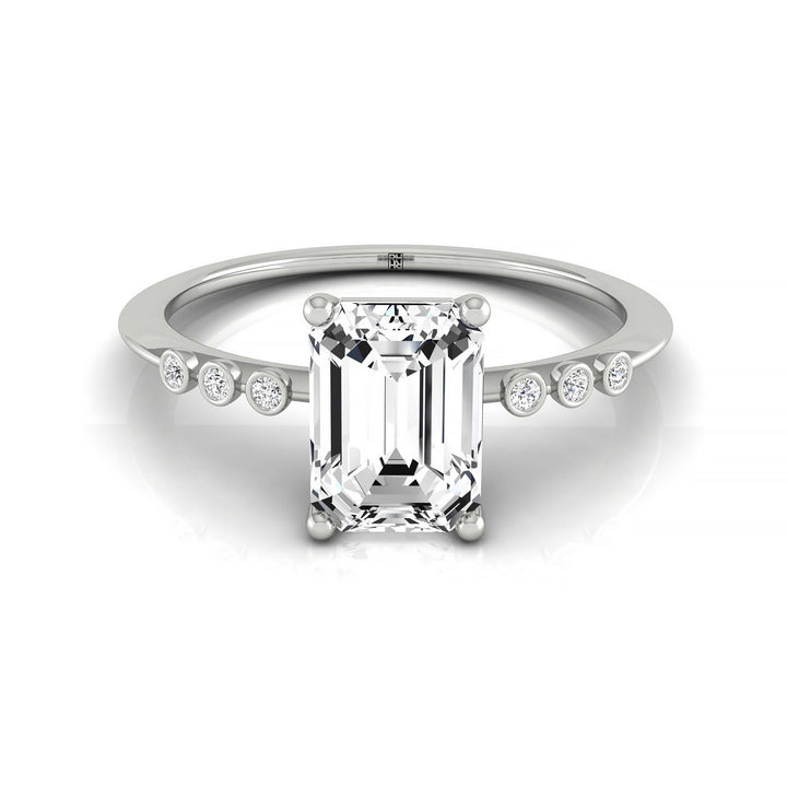 Emerald Cut, Bezel Accent Solitaire Emerald, in 18K White Gold – front view | RockHer