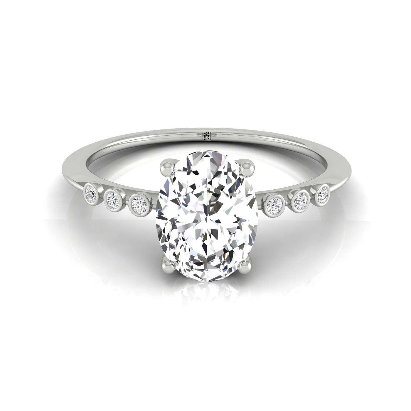 Plat Oval Engagement Ring With 6 Bezel Set Round Diamonds On Shank