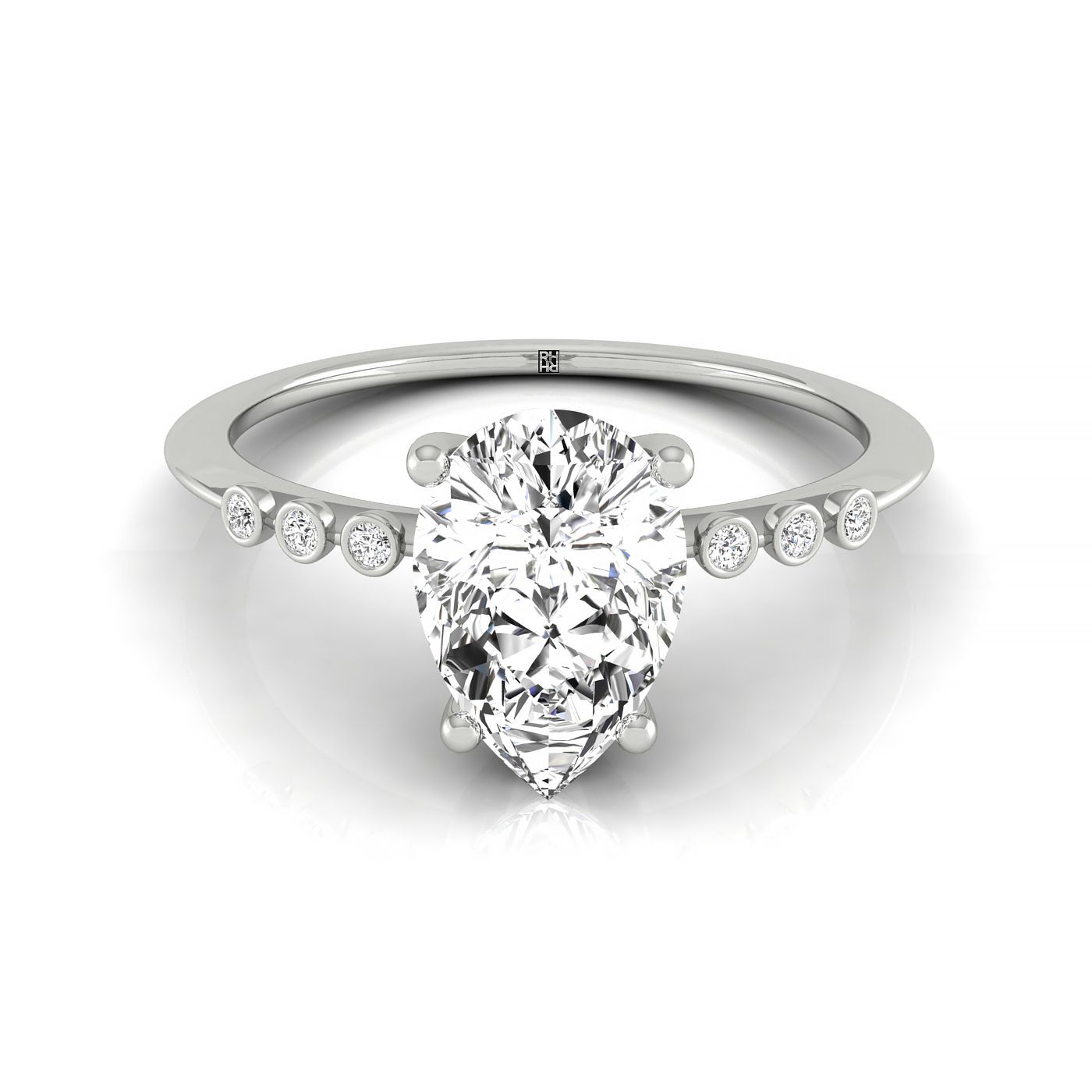 14kw Pear Engagement Ring With 6 Bezel Set Round Diamonds On Shank