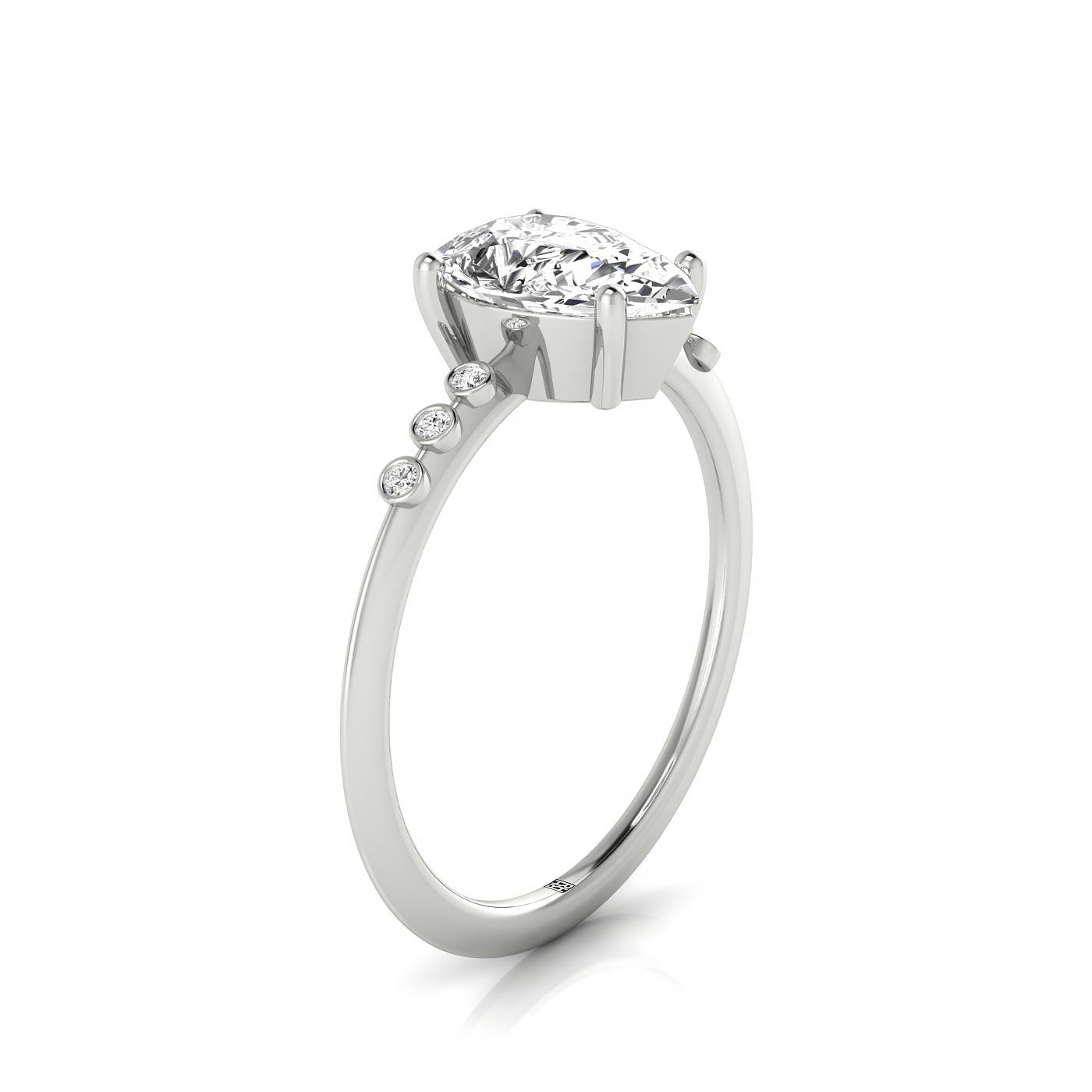 14kw Pear Engagement Ring With 6 Bezel Set Round Diamonds On Shank